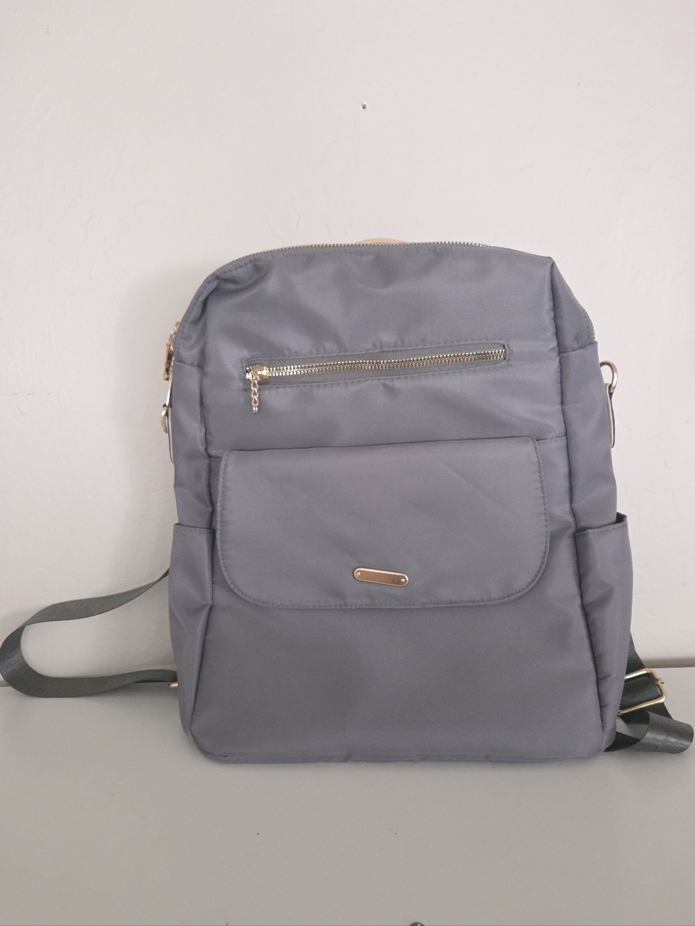 Small Gray Nylon Backpack with Gold Accents